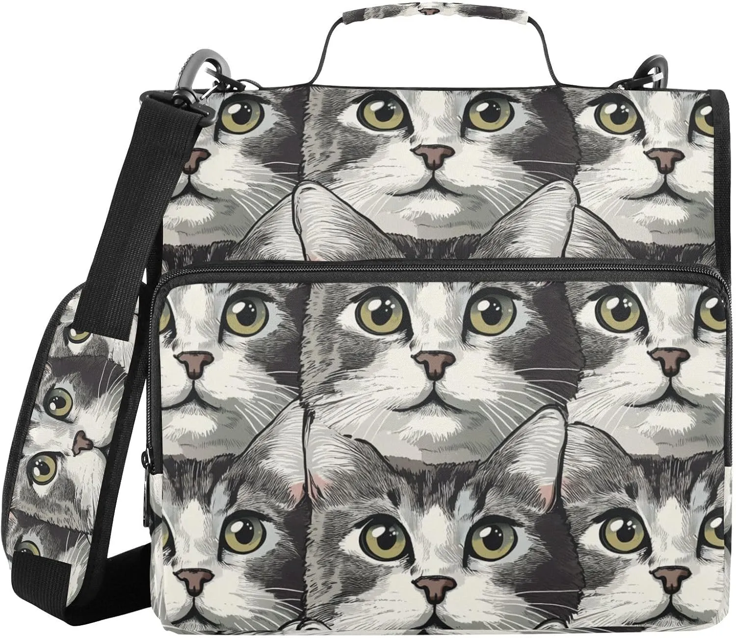 Doodle Black Cats Face Zipper Binder with Shoulder Strap Trapper Keeper 3 Ring Binder Organizer Large Capacity Multiple Compartments for School Office