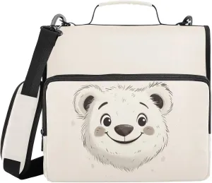 Doodle Cartoon Bear Face Zipper Binder with Shoulder Strap Trapper Keeper 3 Ring Binder Organizer Large Capacity Multiple Compartments for School Office