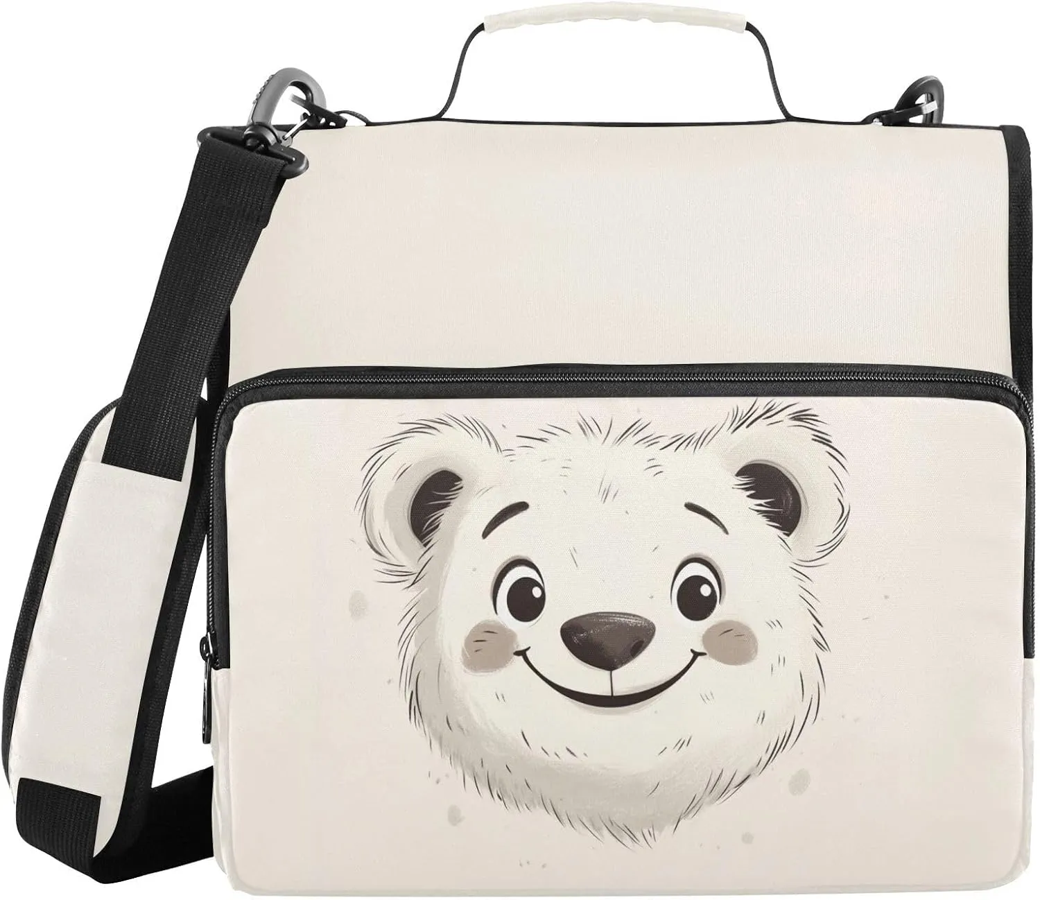 Doodle Cartoon Bear Face Zipper Binder with Shoulder Strap Trapper Keeper 3 Ring Binder Organizer Large Capacity Multiple Compartments for School Office