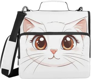 Doodle Cartoon Cute Cat Face Zipper Binder with Shoulder Strap Trapper Keeper 3 Ring Binder Organizer Large Capacity Multiple Compartments for School Office