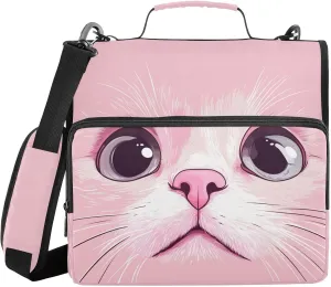 Doodle Cat Face Pink Zipper Binder with Shoulder Strap Trapper Keeper 3 Ring Binder Organizer Large Capacity Multiple Compartments for School Office