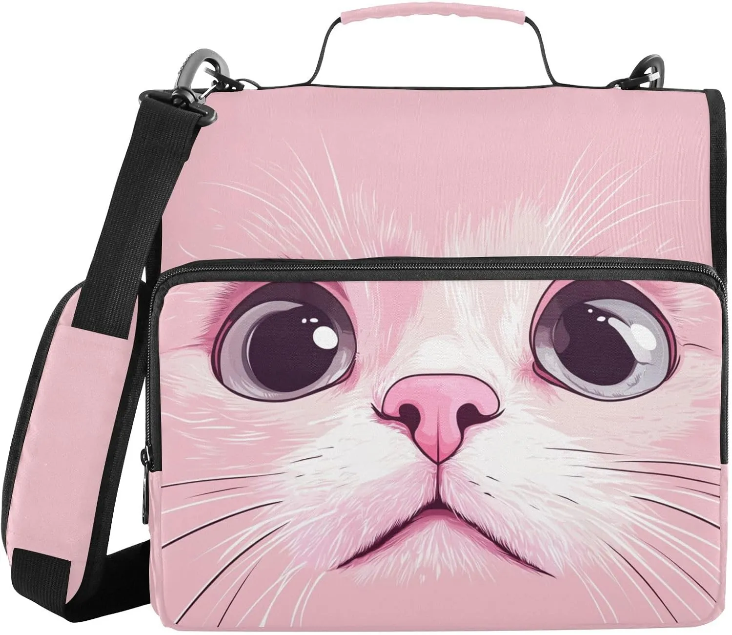 Doodle Cat Face Pink Zipper Binder with Shoulder Strap Trapper Keeper 3 Ring Binder Organizer Large Capacity Multiple Compartments for School Office