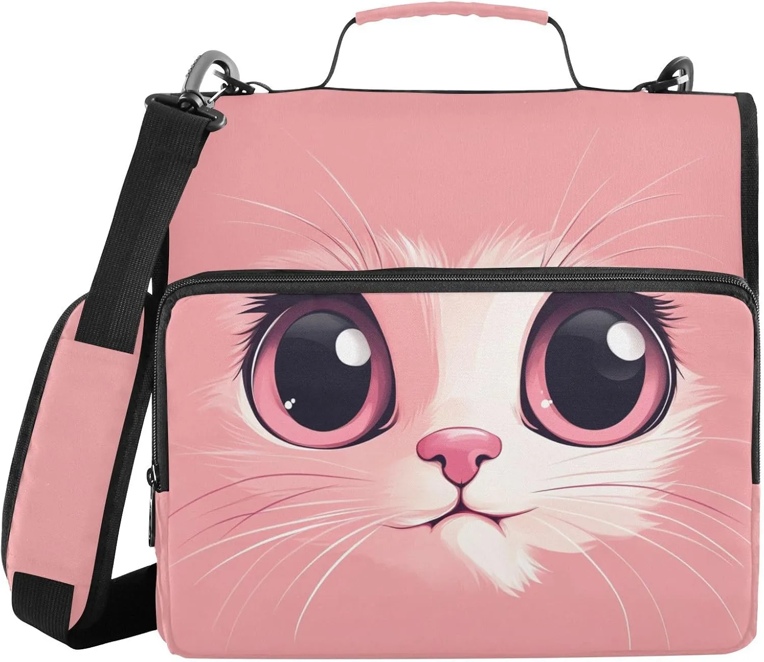 Doodle Pink Cat Face Zipper Binder with Shoulder Strap Trapper Keeper 3 Ring Binder Organizer Large Capacity Multiple Compartments for School Office