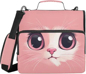 Doodle Pink Cat Face Zipper Binder with Shoulder Strap Trapper Keeper 3 Ring Binder Organizer Large Capacity Multiple Compartments for School Office