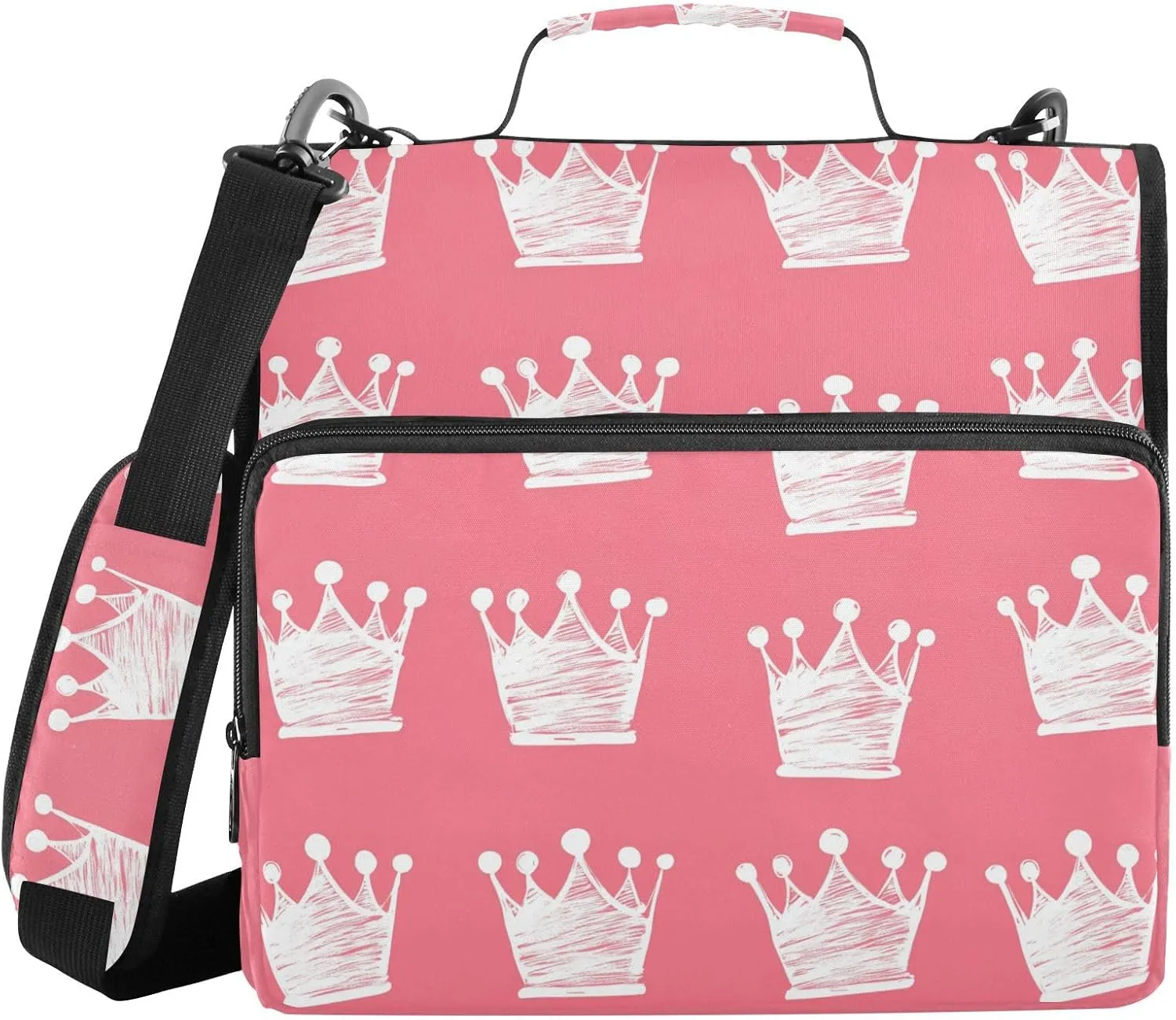 Doodle White Crowns Zipper Binder with Shoulder Strap Trapper Keeper 3 Ring Binder Organizer Large Capacity Multiple Compartments for School Office