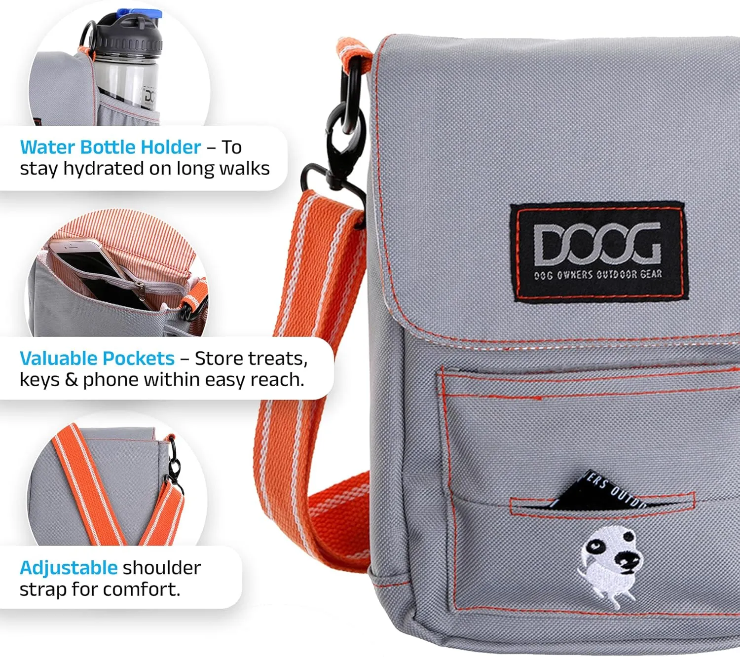 DOOG Walkie Bag | Grey | Adjustable Dog Treat Pouch Shoulder Bag with Poo Bag & Water Bottle Compartments – Comfort Fit, Everyday Use