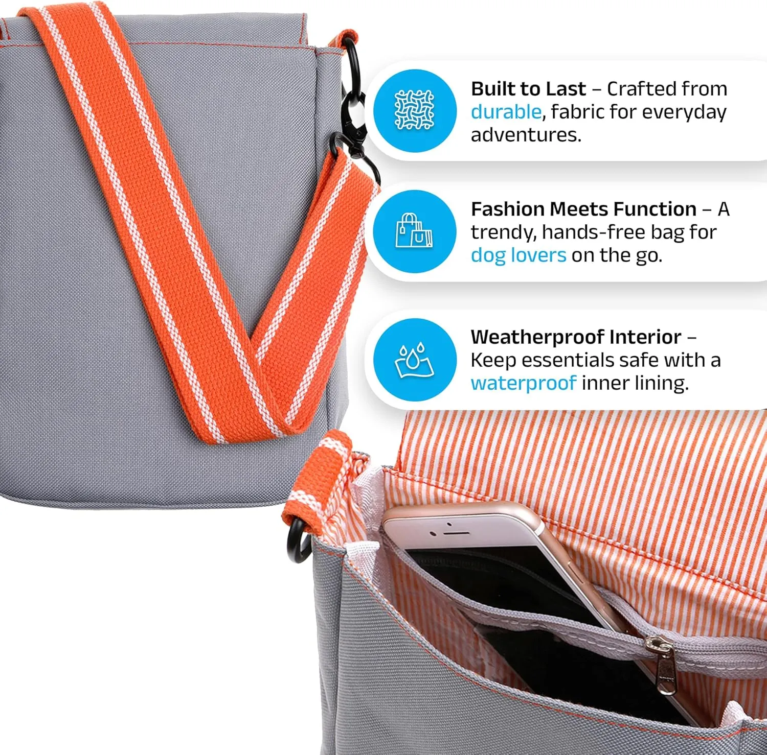 DOOG Walkie Bag | Grey | Adjustable Dog Treat Pouch Shoulder Bag with Poo Bag & Water Bottle Compartments – Comfort Fit, Everyday Use
