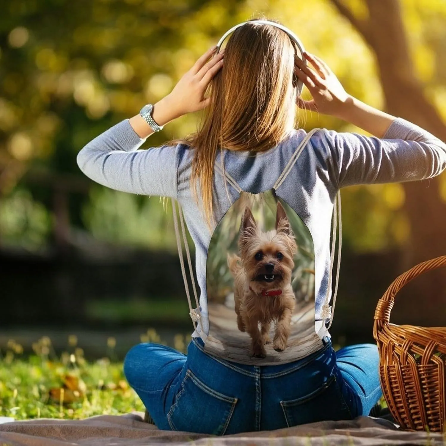 Drawstring Backpack Puppy near Palm Tree String Bag Sackpack Foldable Backpack Sports Gym Bag for Shopping Yoga