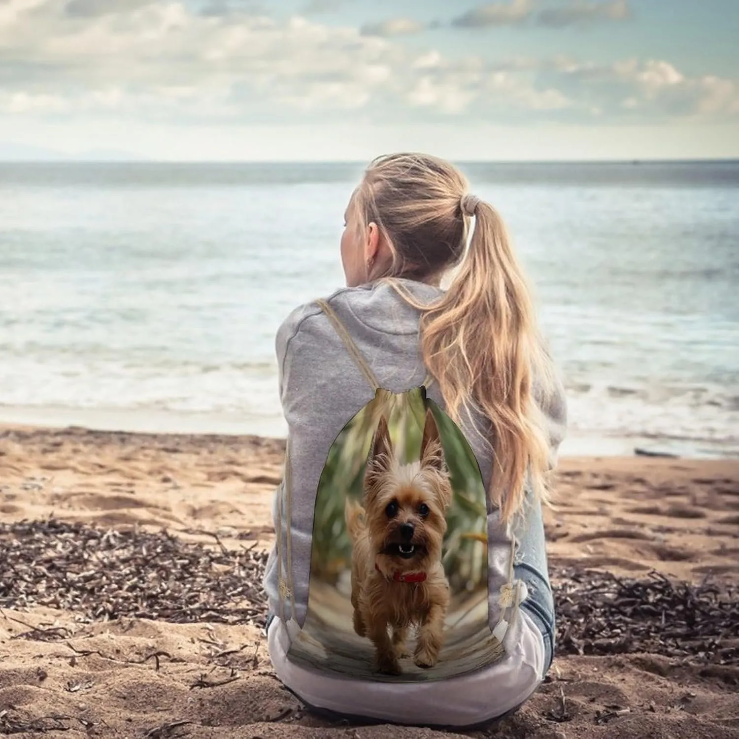 Drawstring Backpack Puppy near Palm Tree String Bag Sackpack Foldable Backpack Sports Gym Bag for Shopping Yoga
