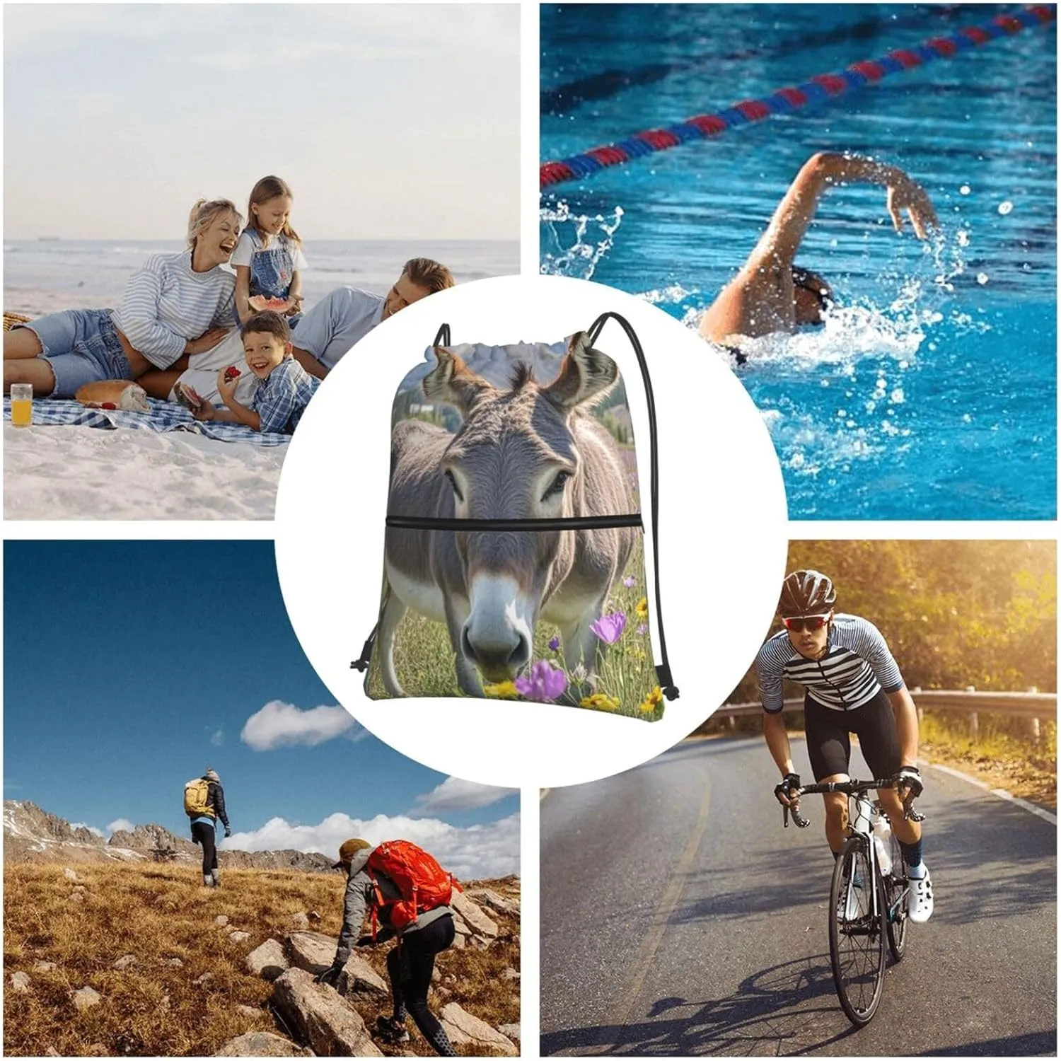Drawstring Backpack Resistant Sackpack donkey and flower Sports Gym Bag String Bag for Women Men