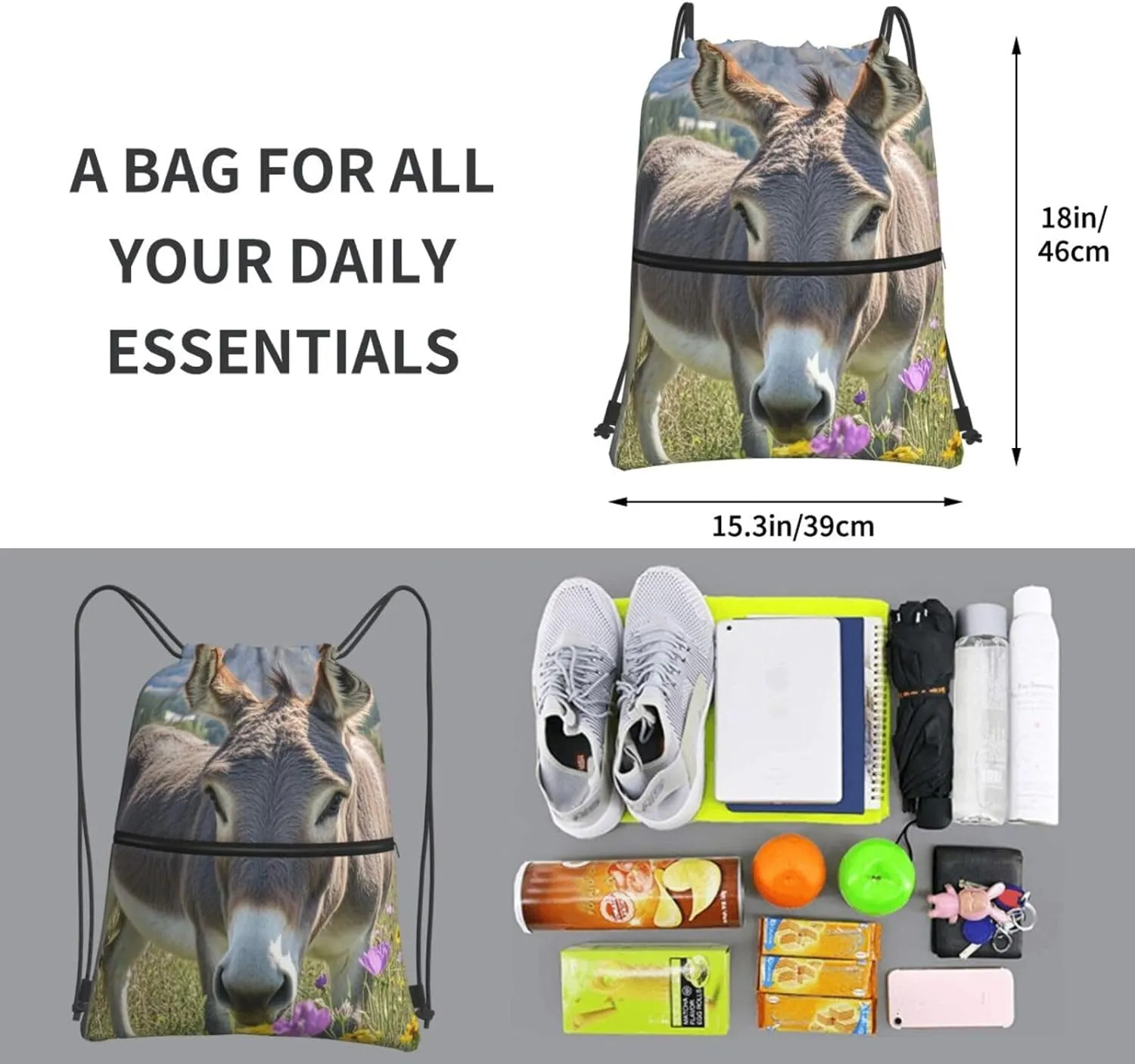 Drawstring Backpack Resistant Sackpack donkey and flower Sports Gym Bag String Bag for Women Men