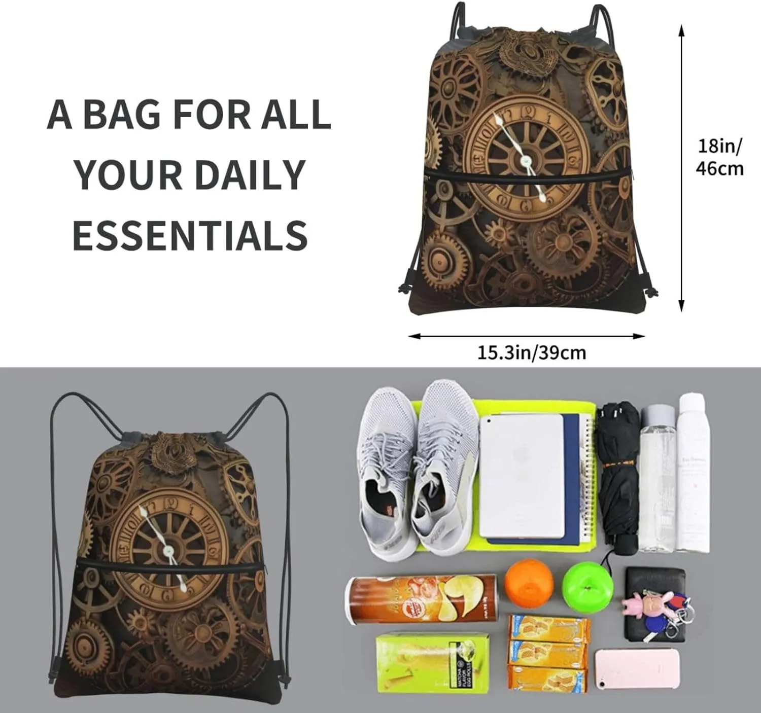 Drawstring Backpack Steampunk Clock String Bag Sackpack Foldable Backpack Sports Gym Bag for Shopping Yoga