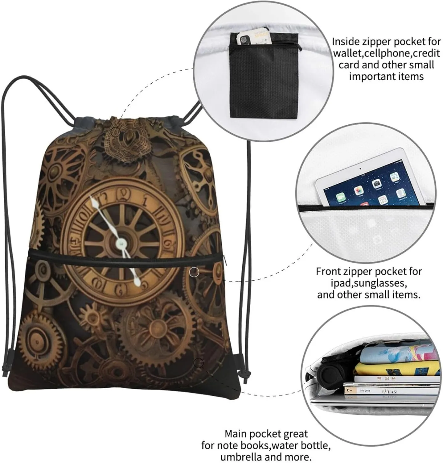 Drawstring Backpack Steampunk Clock String Bag Sackpack Foldable Backpack Sports Gym Bag for Shopping Yoga