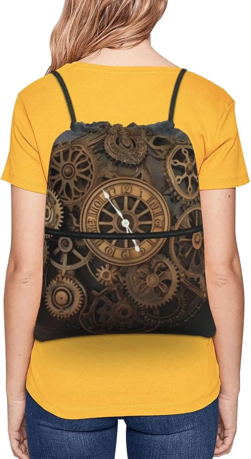 Drawstring Backpack Steampunk Clock String Bag Sackpack Foldable Backpack Sports Gym Bag for Shopping Yoga