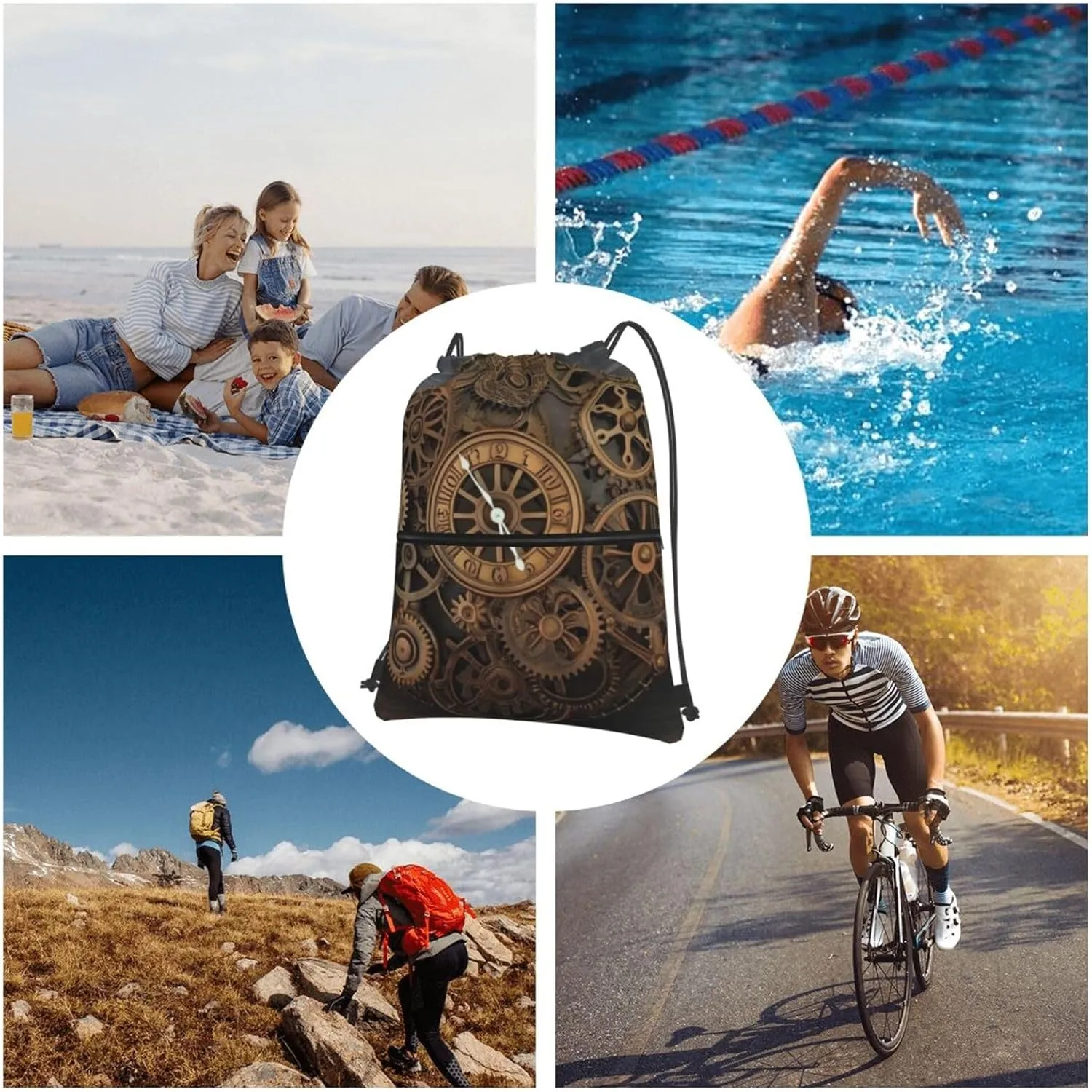 Drawstring Backpack Steampunk Clock String Bag Sackpack Foldable Backpack Sports Gym Bag for Shopping Yoga