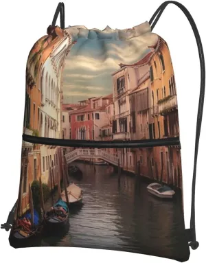 Drawstring Backpack Waterproof Draw String Bag Casual Cinch Bags Beautiful Venice Canal View Gym Bag for Women Men