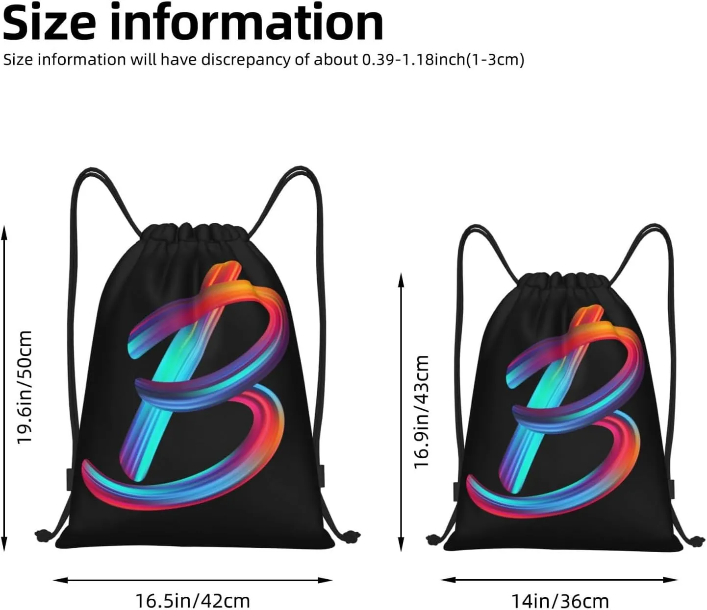 Drawstring Bags Initial Drawstring Backpack Sackpack Black Draw String Cinch Bags for Sports, Gym, Travel, Swimming, Beach, Camping, Rainbow Letter B