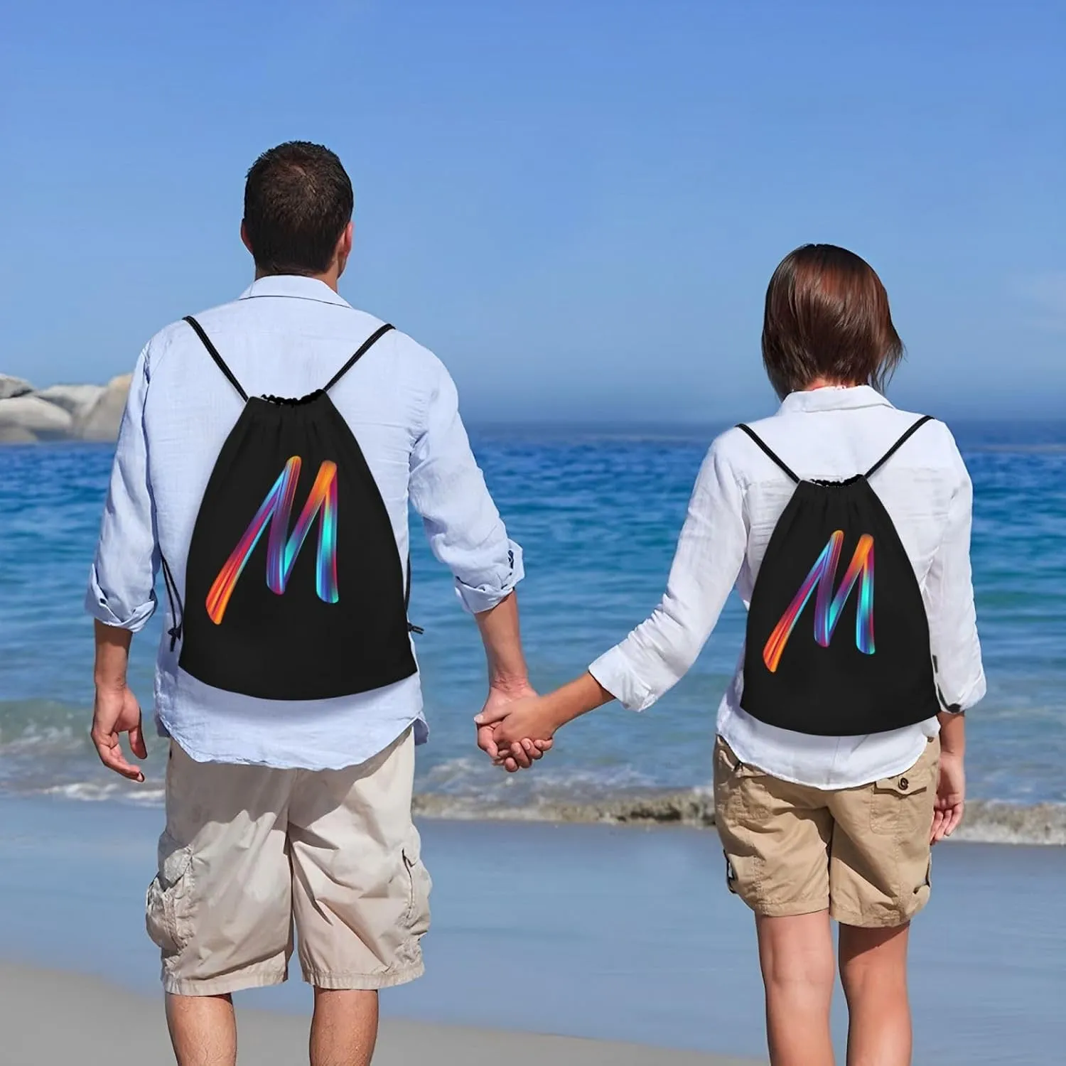 Drawstring Bags Initial Drawstring Backpack Sackpack Black Draw String Cinch Bags for Sports, Gym, Travel, Swimming, Beach, Camping, Rainbow Letter M