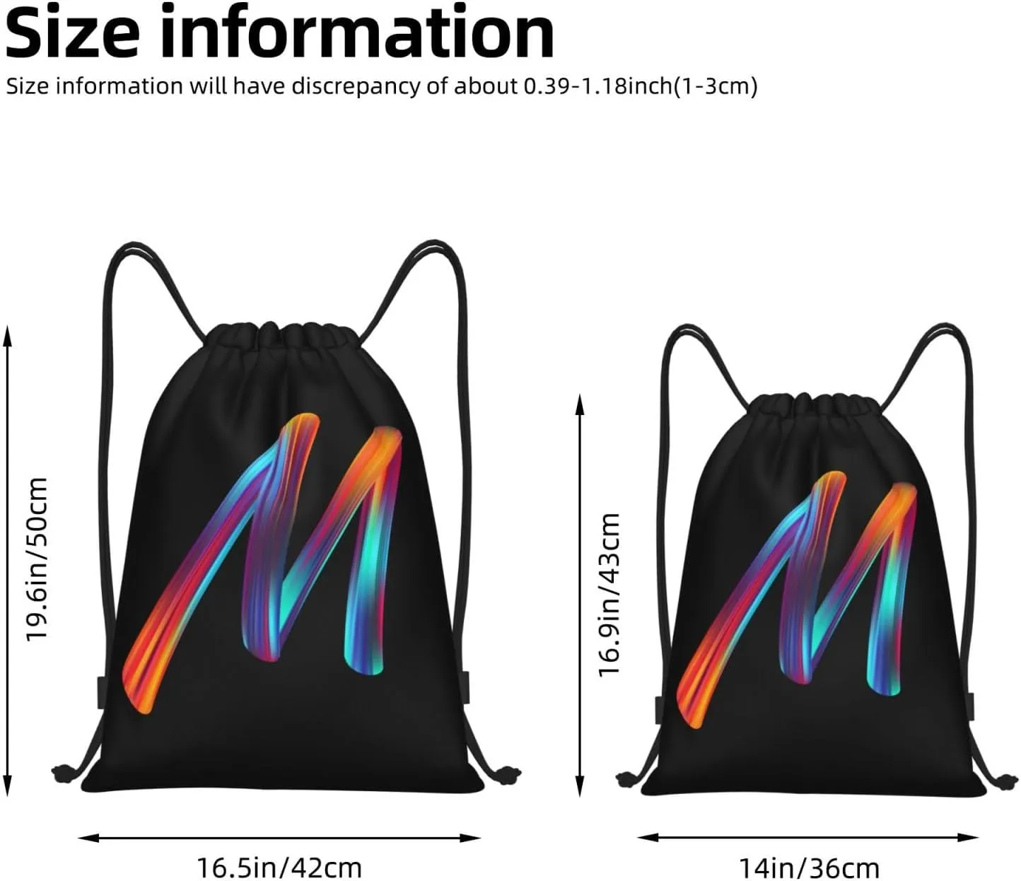 Drawstring Bags Initial Drawstring Backpack Sackpack Black Draw String Cinch Bags for Sports, Gym, Travel, Swimming, Beach, Camping, Rainbow Letter M