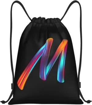 Drawstring Bags Initial Drawstring Backpack Sackpack Black Draw String Cinch Bags for Sports, Gym, Travel, Swimming, Beach, Camping, Rainbow Letter M