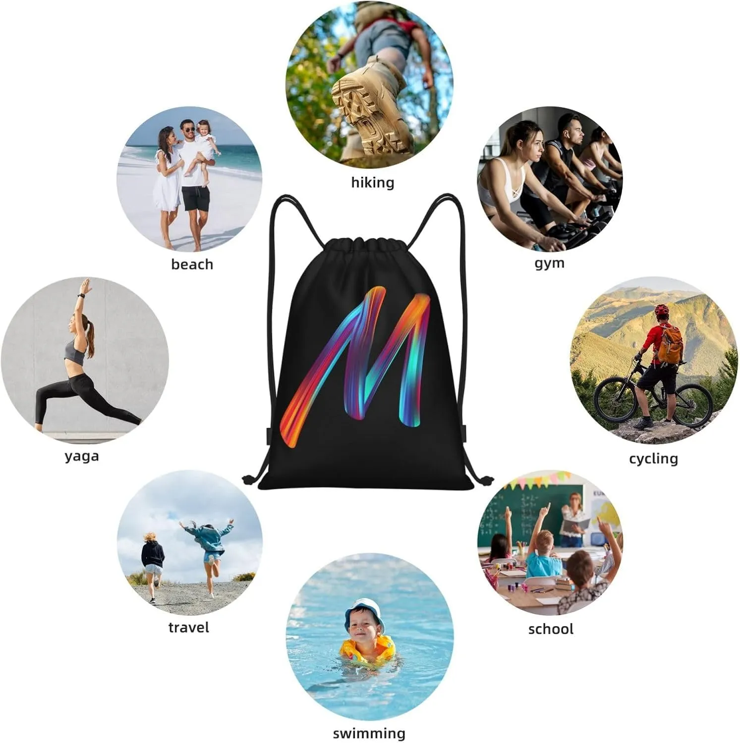 Drawstring Bags Initial Drawstring Backpack Sackpack Black Draw String Cinch Bags for Sports, Gym, Travel, Swimming, Beach, Camping, Rainbow Letter M