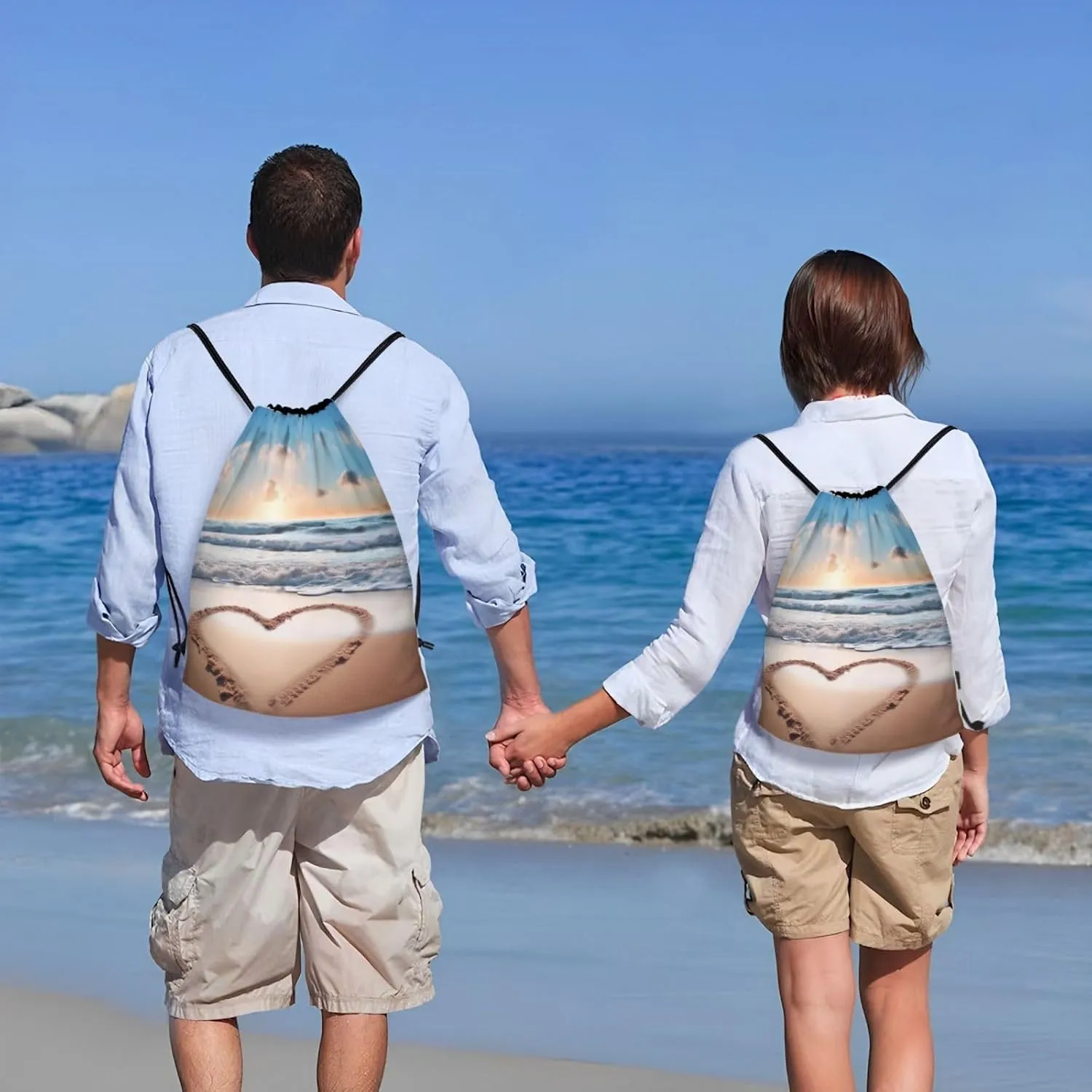 Drawstring Gym Backpack Heart Shape Romantic Beach Sports String Bag Water Resistan Beach Swim Travel Sackpack