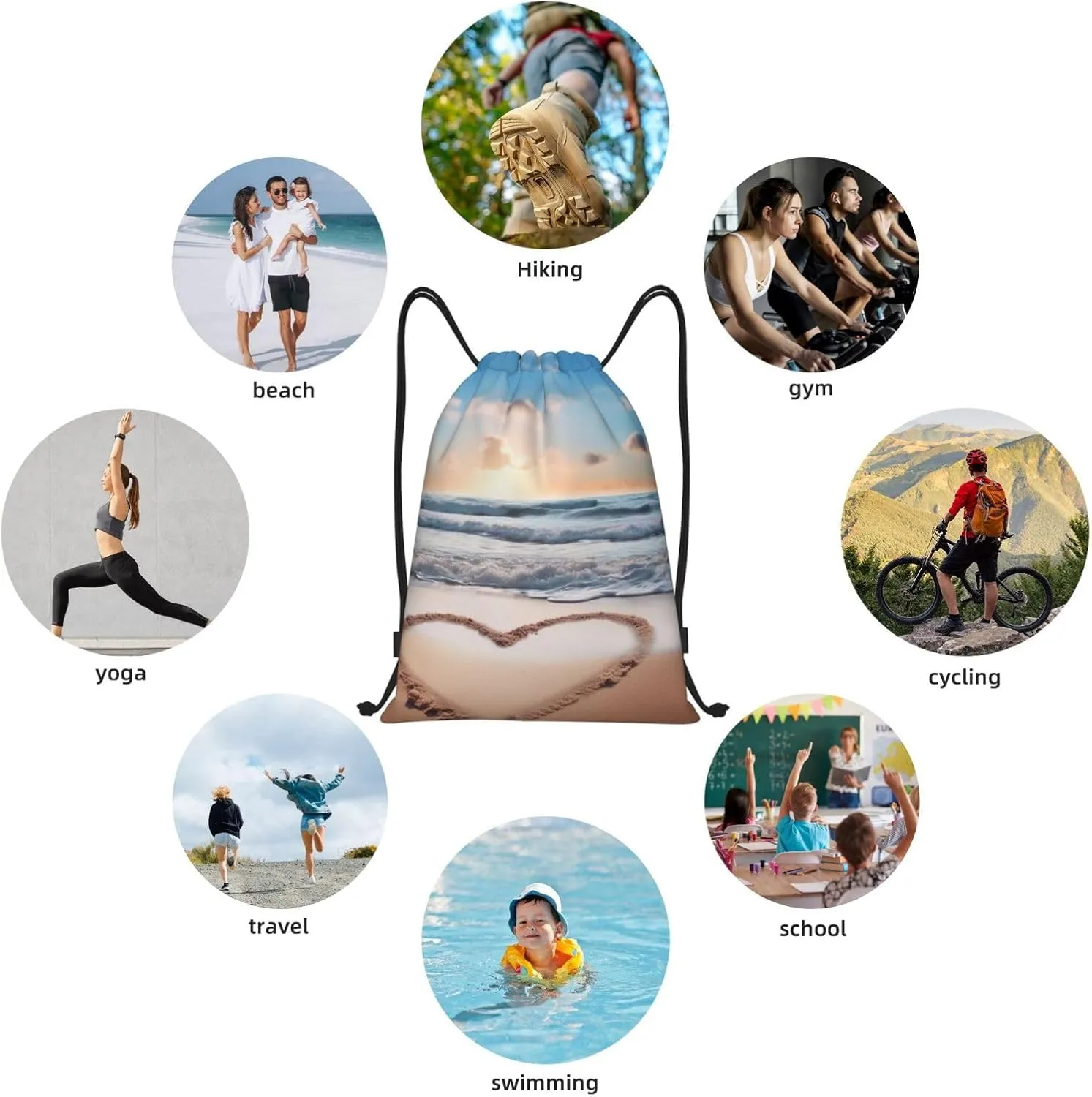 Drawstring Gym Backpack Heart Shape Romantic Beach Sports String Bag Water Resistan Beach Swim Travel Sackpack