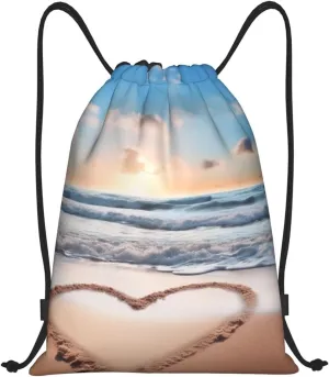 Drawstring Gym Backpack Heart Shape Romantic Beach Sports String Bag Water Resistan Beach Swim Travel Sackpack