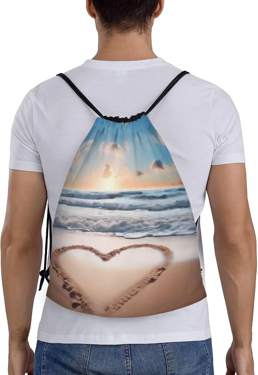 Drawstring Gym Backpack Heart Shape Romantic Beach Sports String Bag Water Resistan Beach Swim Travel Sackpack