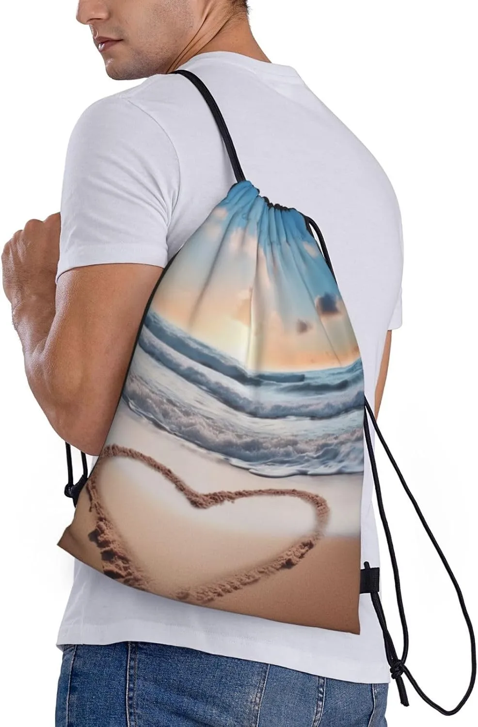 Drawstring Gym Backpack Heart Shape Romantic Beach Sports String Bag Water Resistan Beach Swim Travel Sackpack
