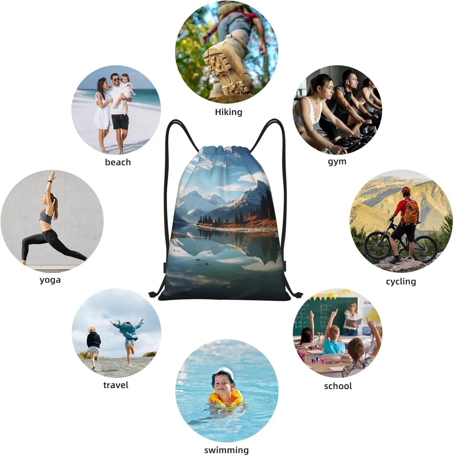 Drawstring Gym Backpack Mountains surround the lake Sports String Bag Water Resistan Beach Swim Travel Sackpack