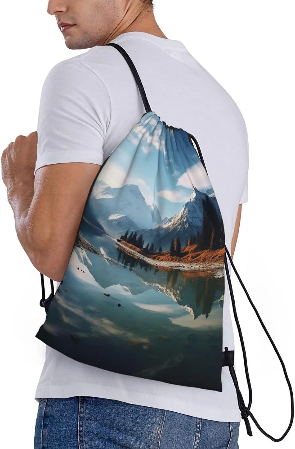 Drawstring Gym Backpack Mountains surround the lake Sports String Bag Water Resistan Beach Swim Travel Sackpack