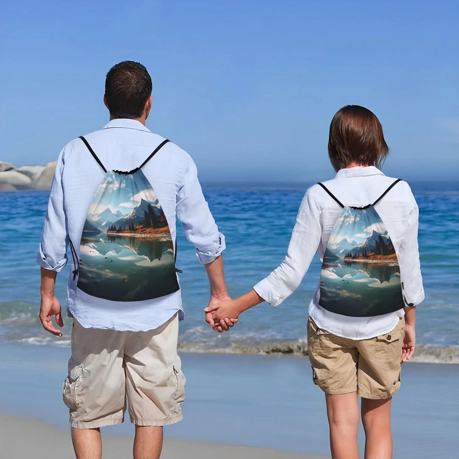 Drawstring Gym Backpack Mountains surround the lake Sports String Bag Water Resistan Beach Swim Travel Sackpack