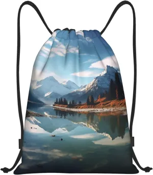 Drawstring Gym Backpack Mountains surround the lake Sports String Bag Water Resistan Beach Swim Travel Sackpack