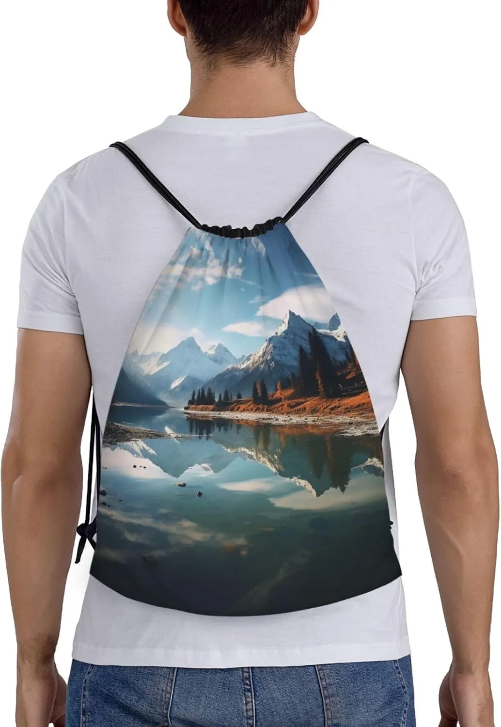 Drawstring Gym Backpack Mountains surround the lake Sports String Bag Water Resistan Beach Swim Travel Sackpack