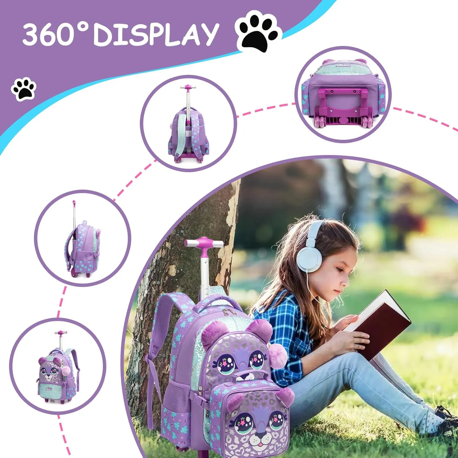 Egchescebo Kids Rolling Animal Backpack for Girls Trolley Suitcases Luggage Travel with Wheels Bookbag Wheeled 17" 3PCS Roller Backpacks Set Toddler Back Pack School Bags for Elementary Purple