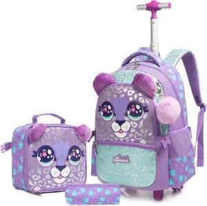 Egchescebo Kids Rolling Animal Backpack for Girls Trolley Suitcases Luggage Travel with Wheels Bookbag Wheeled 17" 3PCS Roller Backpacks Set Toddler Back Pack School Bags for Elementary Purple