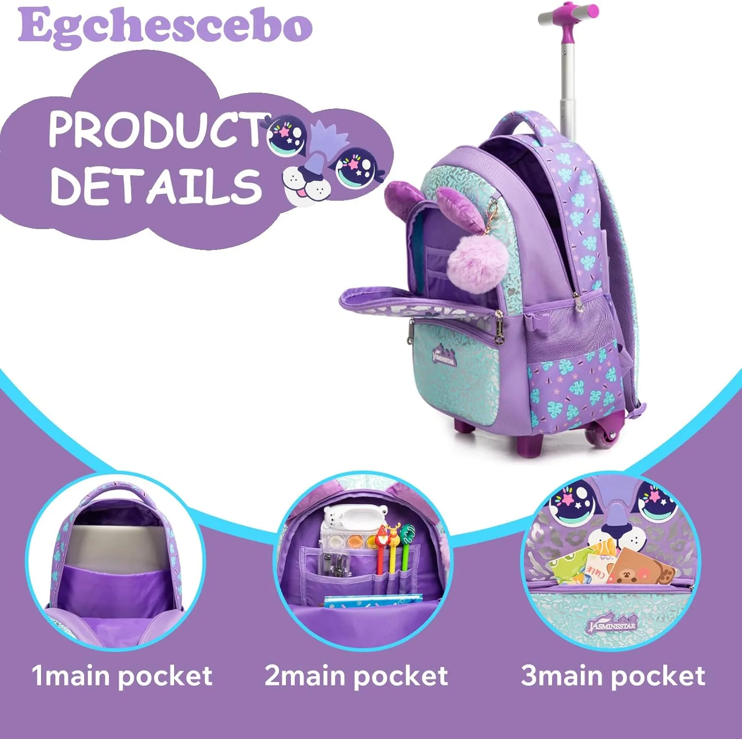 Egchescebo Kids Rolling Animal Backpack for Girls Trolley Suitcases Luggage Travel with Wheels Bookbag Wheeled 17" 3PCS Roller Backpacks Set Toddler Back Pack School Bags for Elementary Purple