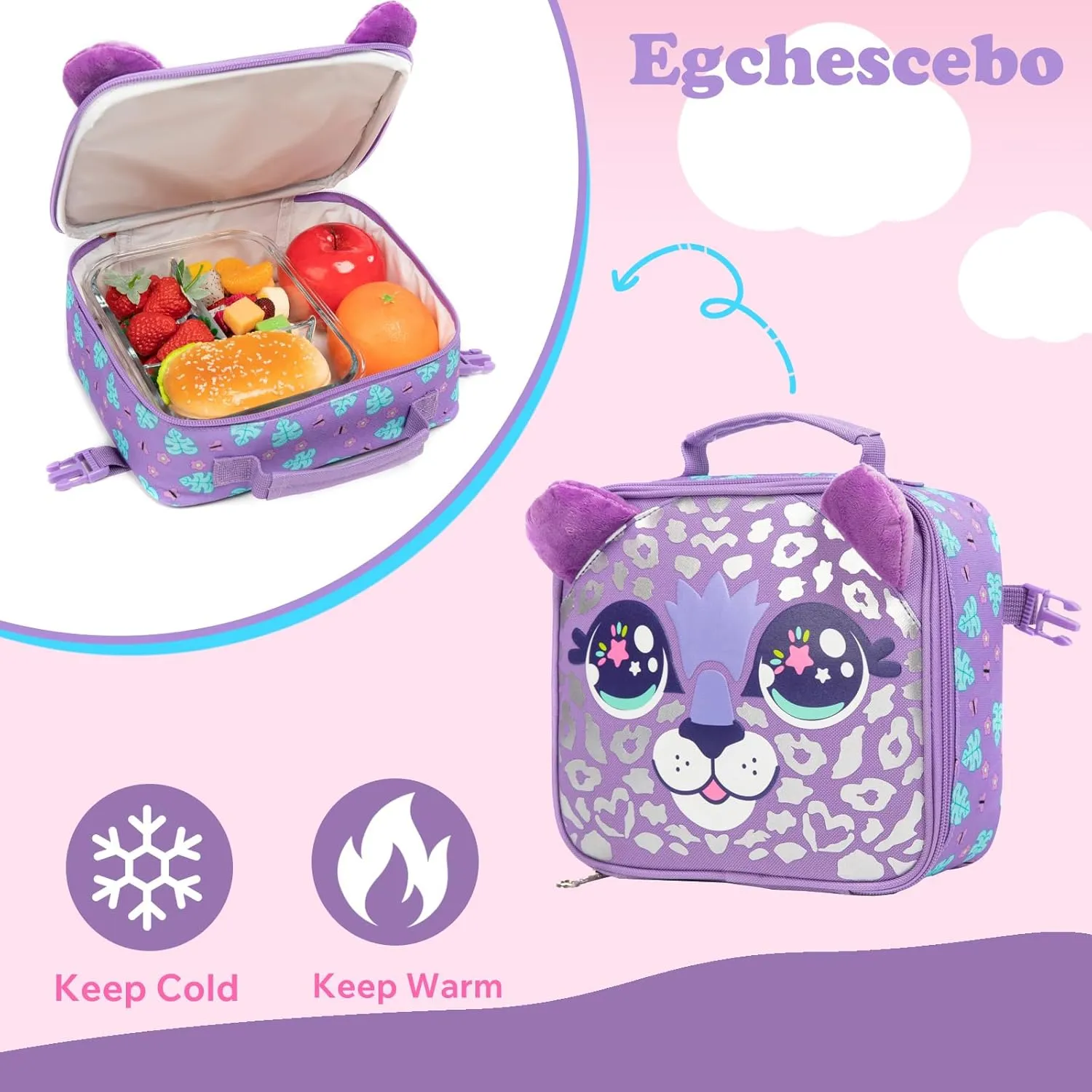 Egchescebo Kids Rolling Animal Backpack for Girls Trolley Suitcases Luggage Travel with Wheels Bookbag Wheeled 17" 3PCS Roller Backpacks Set Toddler Back Pack School Bags for Elementary Purple