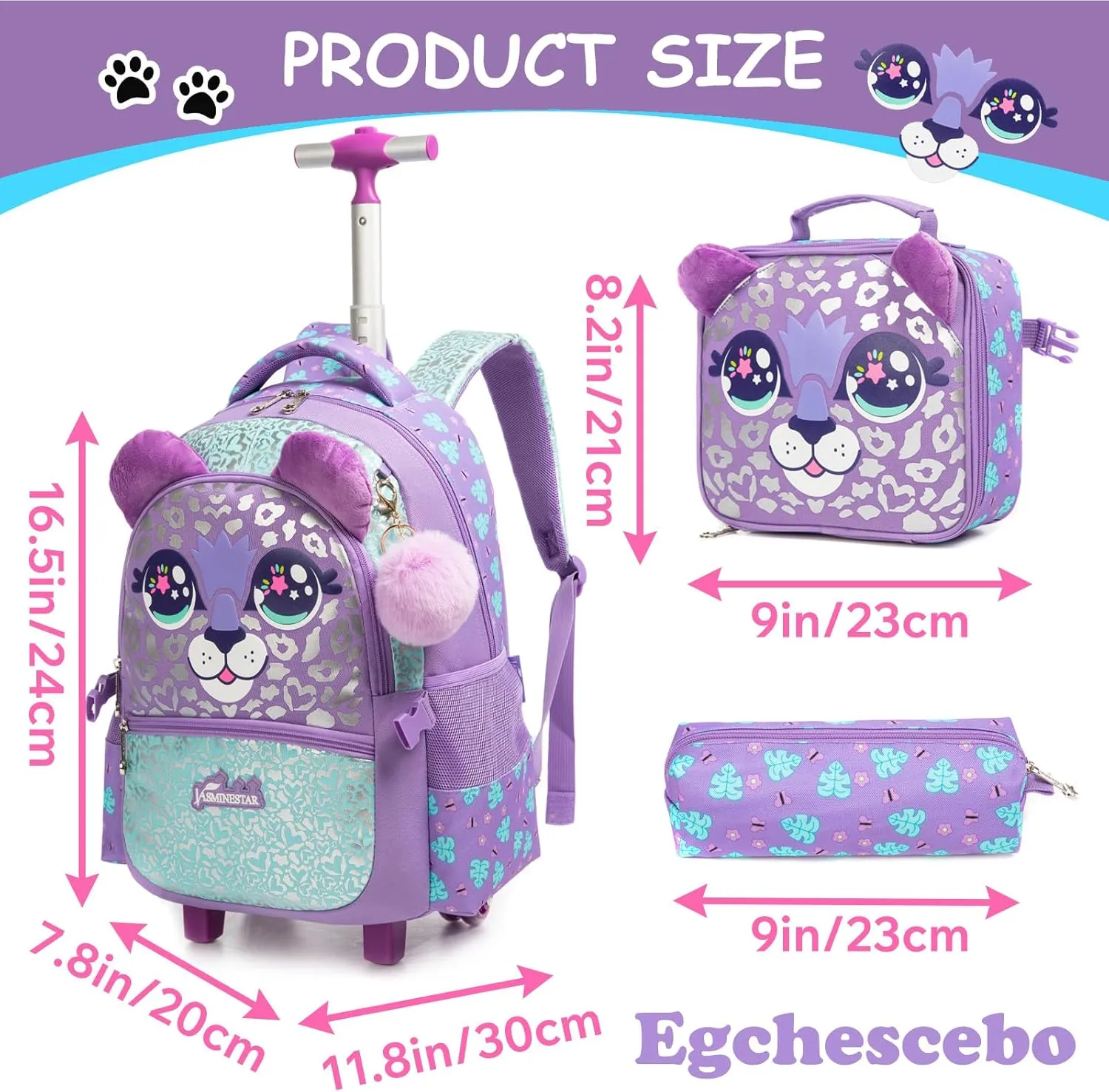 Egchescebo Kids Rolling Animal Backpack for Girls Trolley Suitcases Luggage Travel with Wheels Bookbag Wheeled 17" 3PCS Roller Backpacks Set Toddler Back Pack School Bags for Elementary Purple