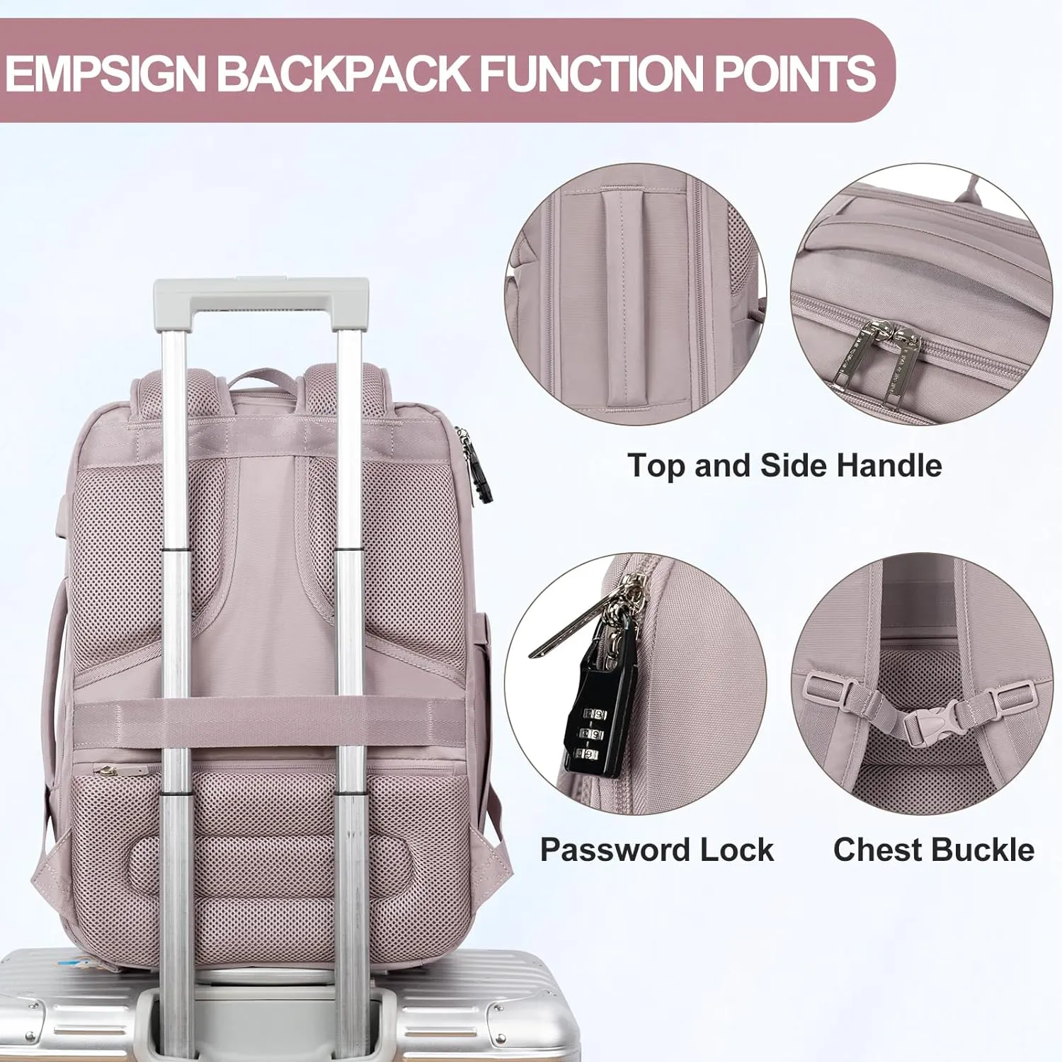 EMPSIGN Travel Backpack for Women, Large Carry On Backpack Airline Approved Personal Item, 17 inch TSA Friendly Laptop Backpack with USB Port, Casual Daypack for Weekender Business Hiking, Grey Pink