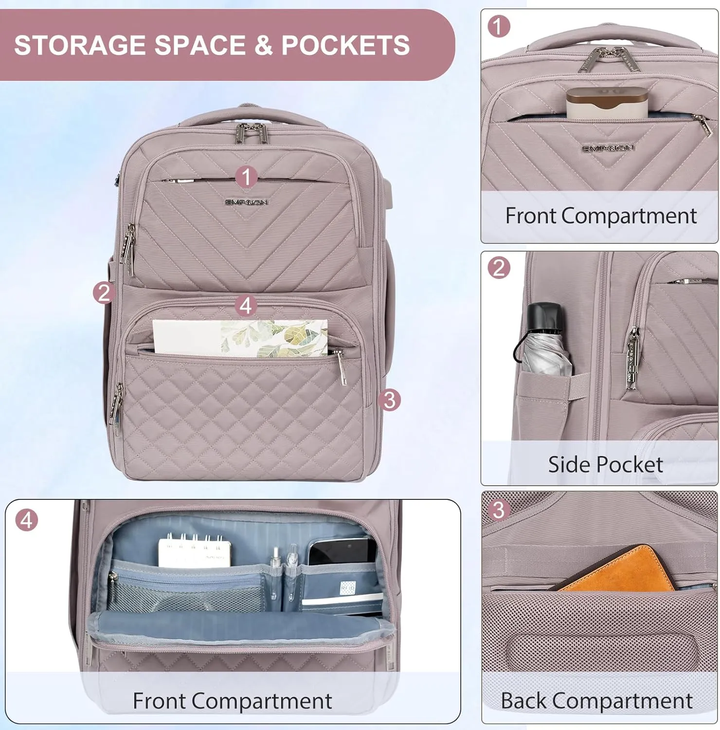 EMPSIGN Travel Backpack for Women, Large Carry On Backpack Airline Approved Personal Item, 17 inch TSA Friendly Laptop Backpack with USB Port, Casual Daypack for Weekender Business Hiking, Grey Pink