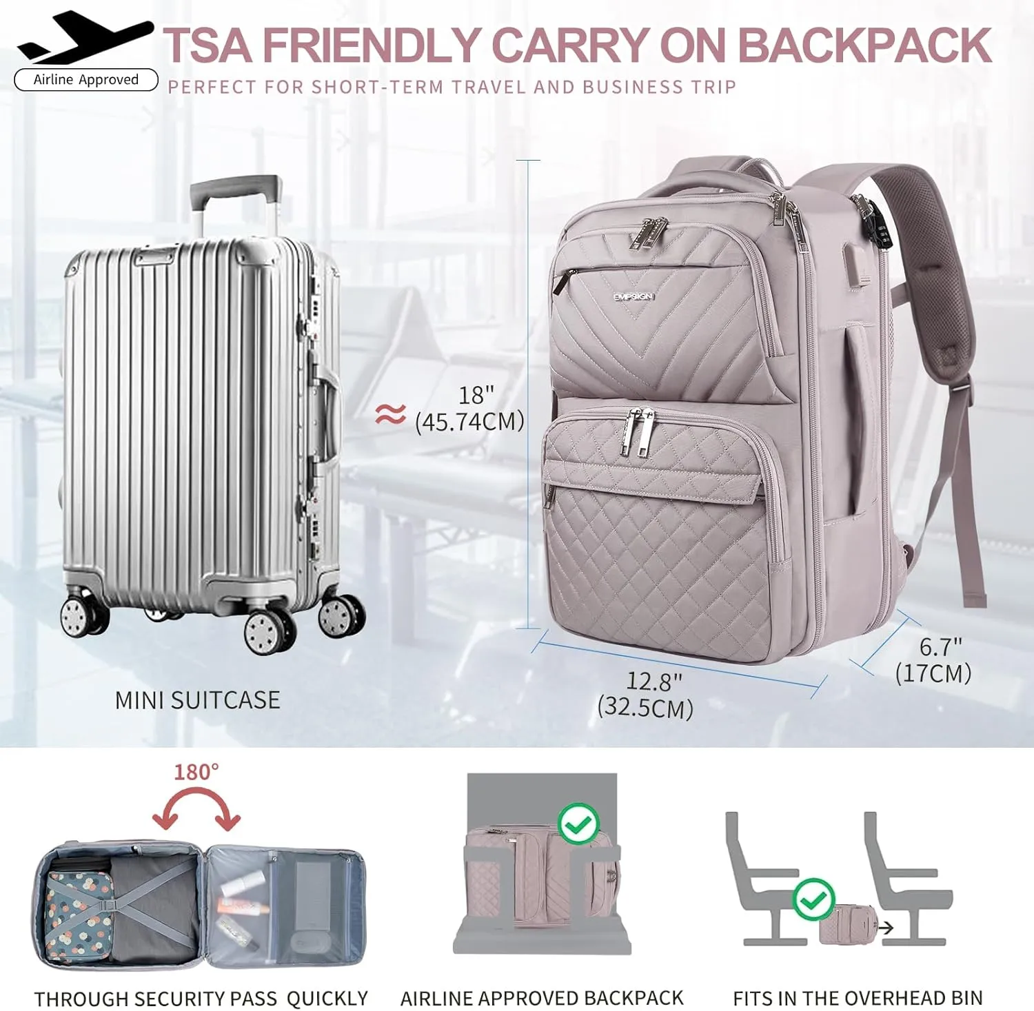 EMPSIGN Travel Backpack for Women, Large Carry On Backpack Airline Approved Personal Item, 17 inch TSA Friendly Laptop Backpack with USB Port, Casual Daypack for Weekender Business Hiking, Grey Pink
