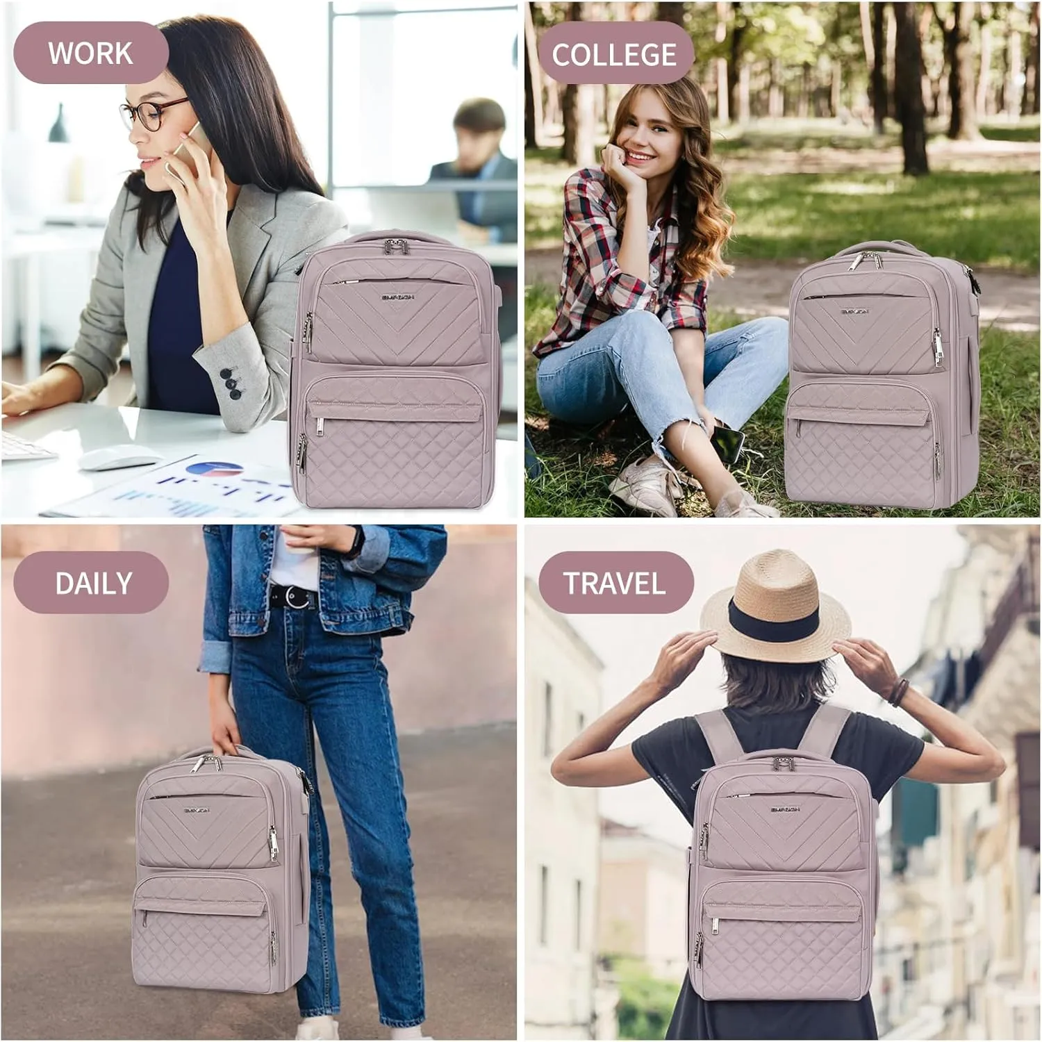 EMPSIGN Travel Backpack for Women, Large Carry On Backpack Airline Approved Personal Item, 17 inch TSA Friendly Laptop Backpack with USB Port, Casual Daypack for Weekender Business Hiking, Grey Pink