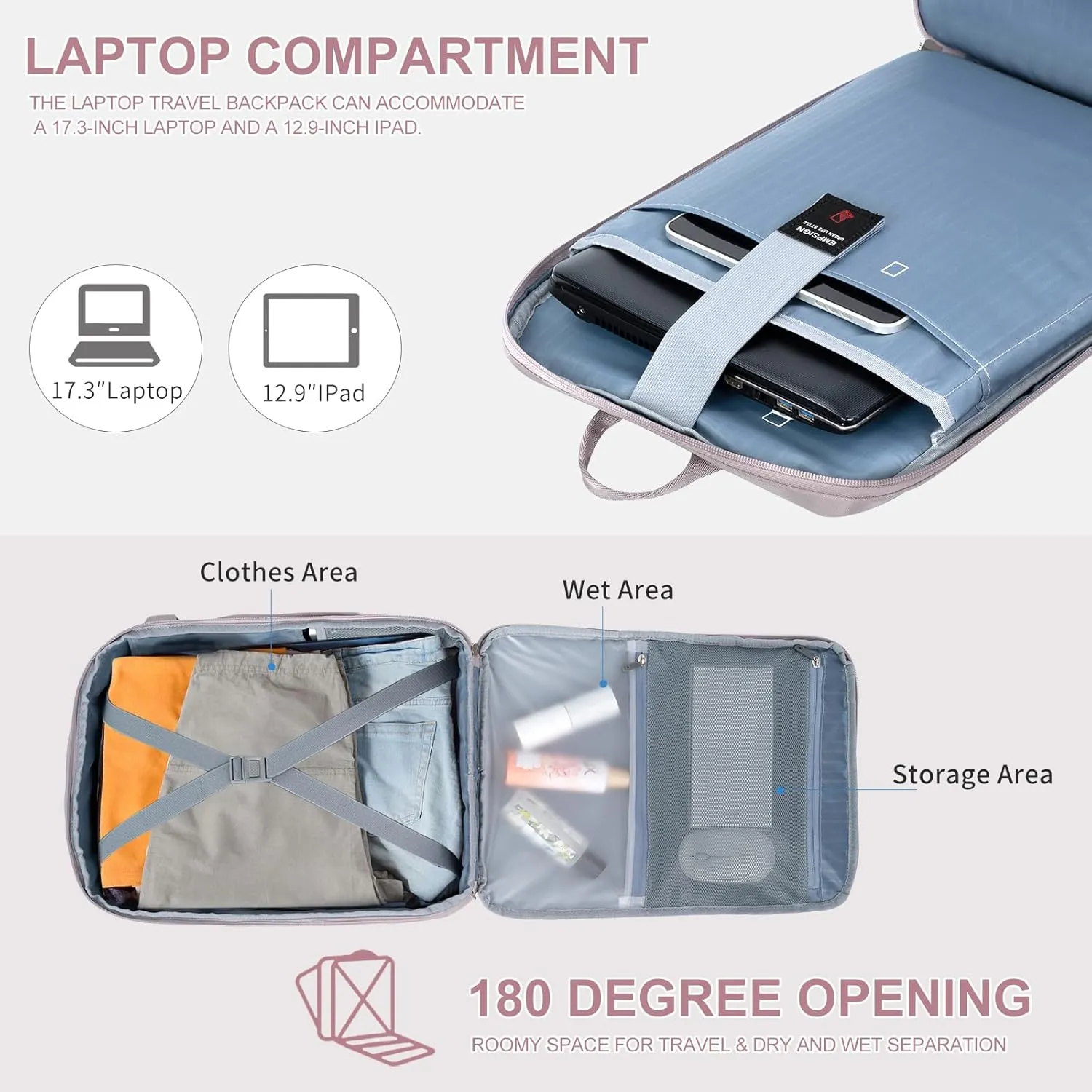 EMPSIGN Travel Backpack for Women, Large Carry On Backpack Airline Approved Personal Item, 17 inch TSA Friendly Laptop Backpack with USB Port, Casual Daypack for Weekender Business Hiking, Grey Pink