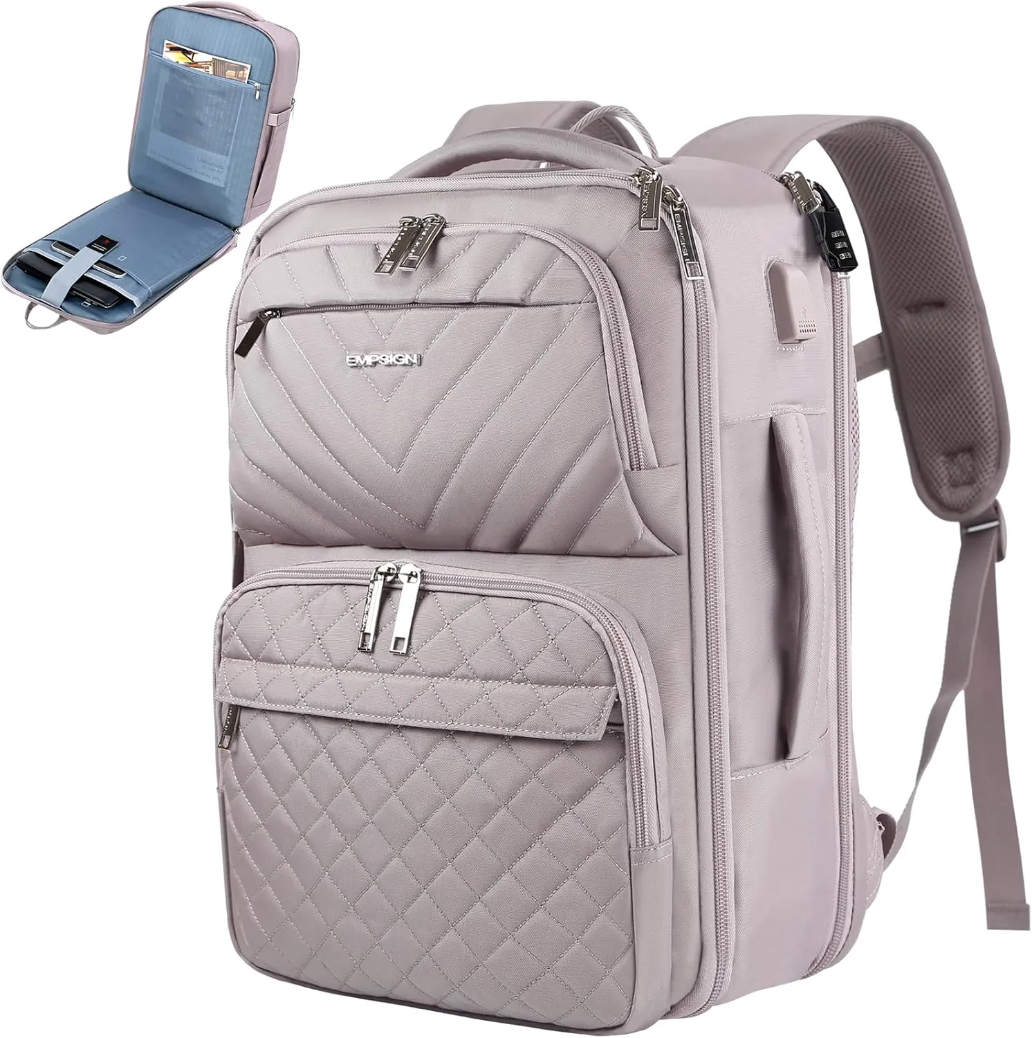 EMPSIGN Travel Backpack for Women, Large Carry On Backpack Airline Approved Personal Item, 17 inch TSA Friendly Laptop Backpack with USB Port, Casual Daypack for Weekender Business Hiking, Grey Pink