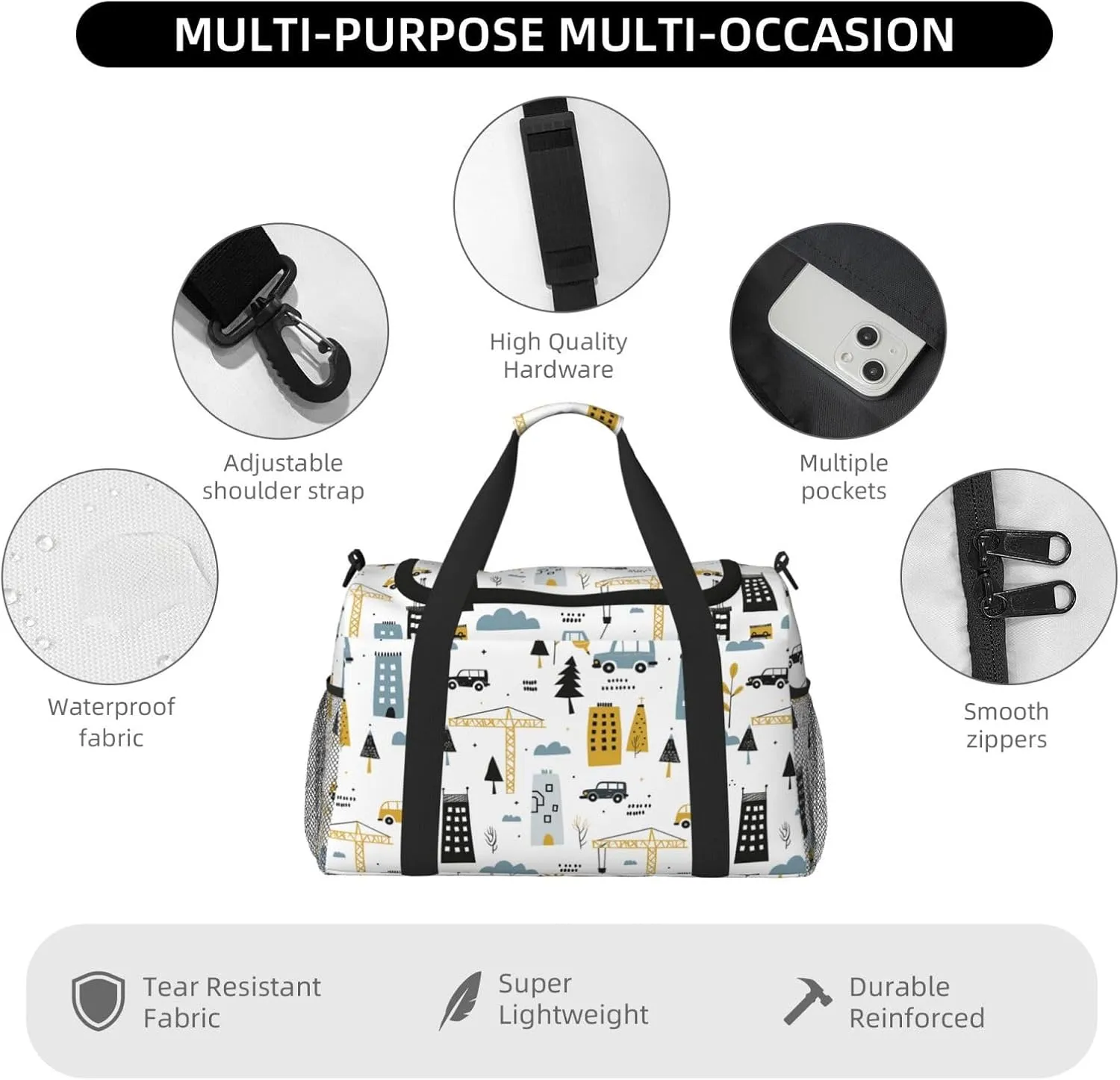Engineering City Construction Duffle Bag Foldable Travel Tote Bag Carry On Large Weekender Overnight Bags Waterproof Gym Bag For Women Men