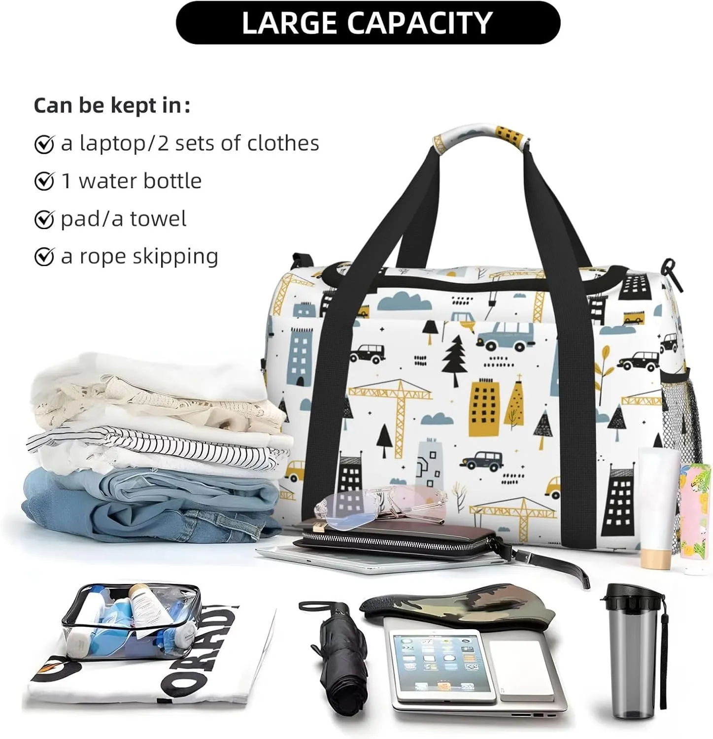 Engineering City Construction Duffle Bag Foldable Travel Tote Bag Carry On Large Weekender Overnight Bags Waterproof Gym Bag For Women Men