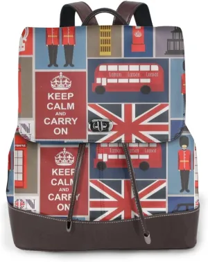 England Symbols Print Adjustable Casual Travel Hiking Knapsacks Leather Backpack Purse Laptop Rucksack Bag