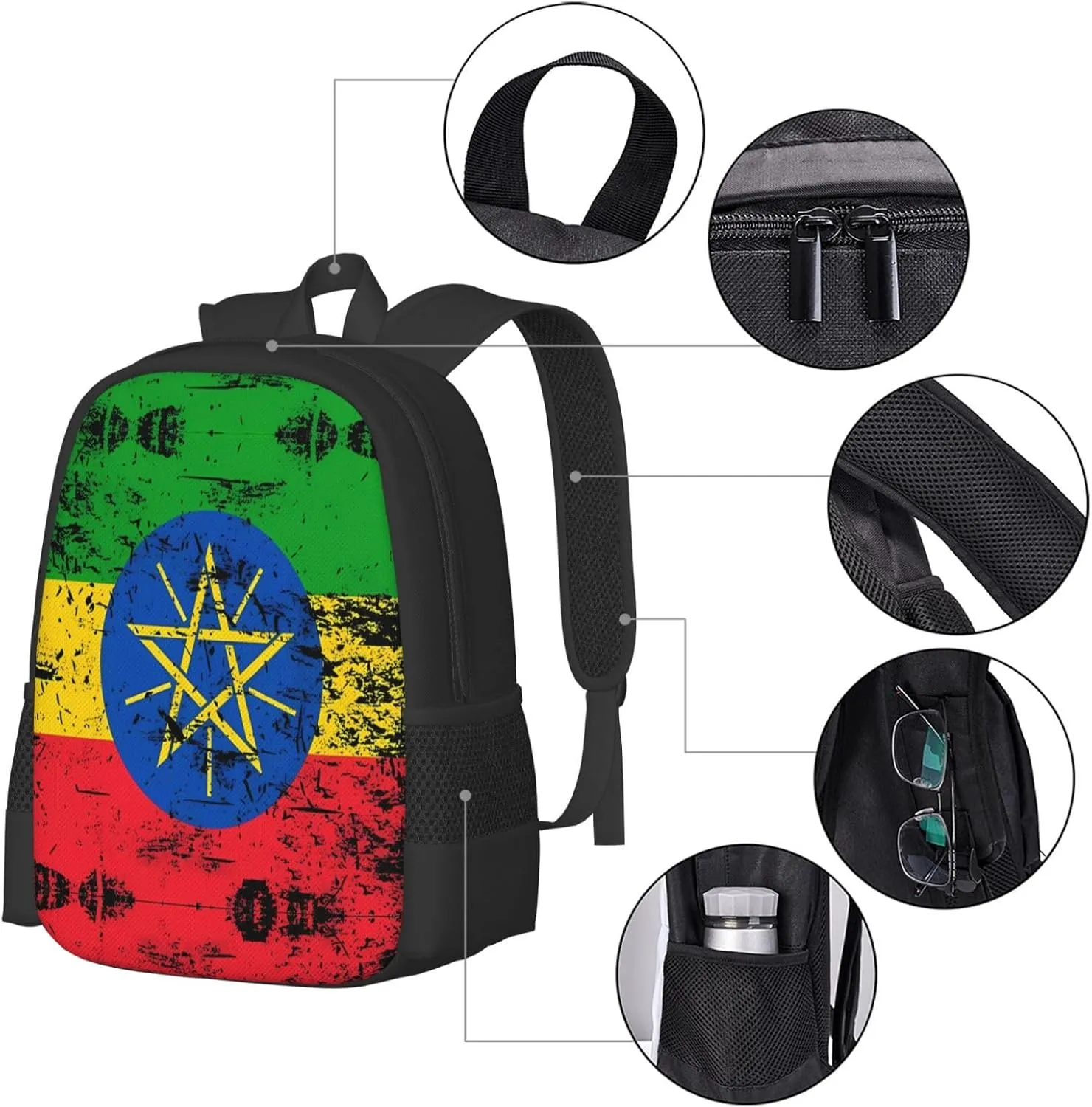 Ethiopia Flag Casual Backpacks Large Capacity Backpack Laptop Rucksack Sport Daypack Commuter Bags with Adjustable Strap for Traveling Camping